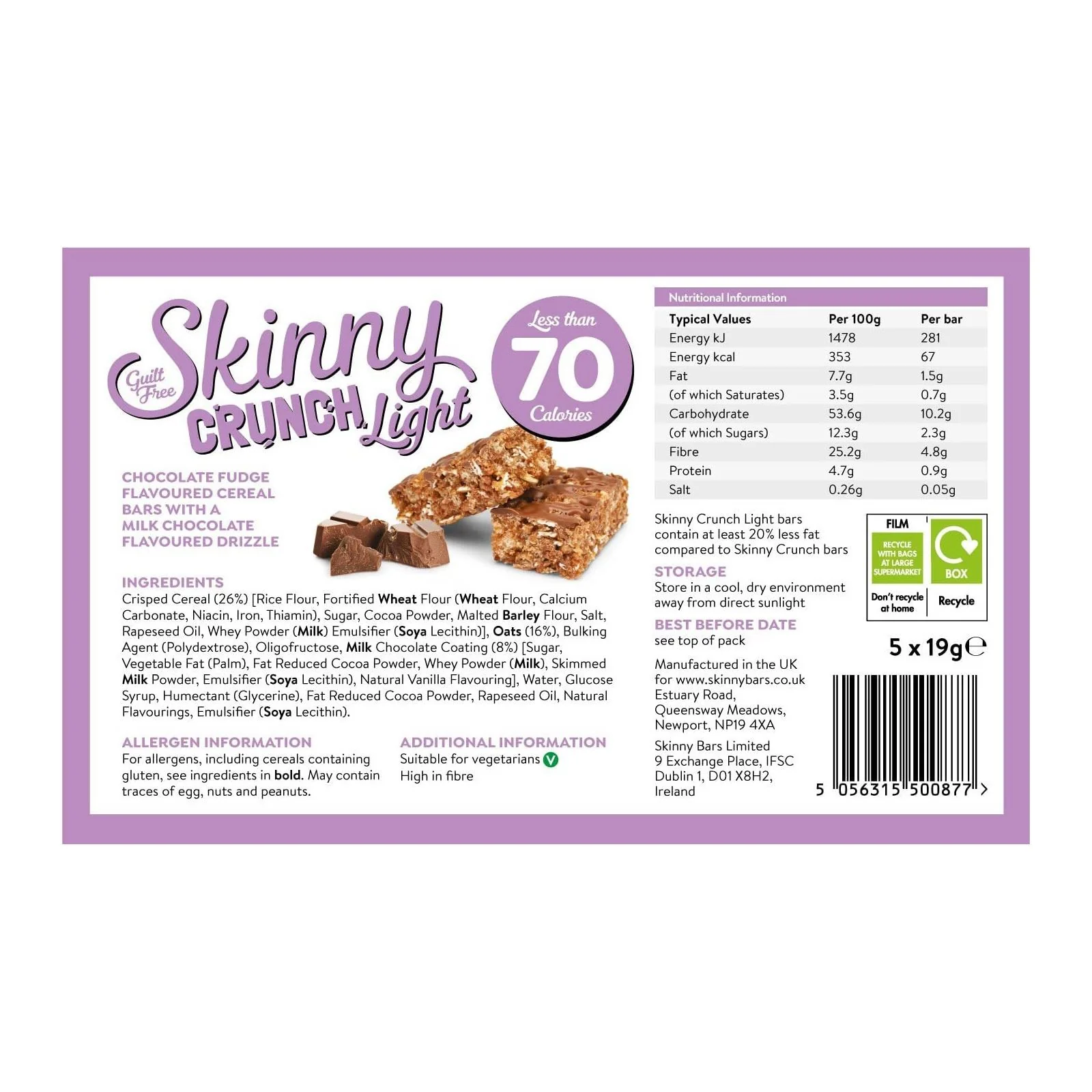 Skinny Crunch Light Chocolate Fudge 5 x 19 g (Box of 10) - Image 2